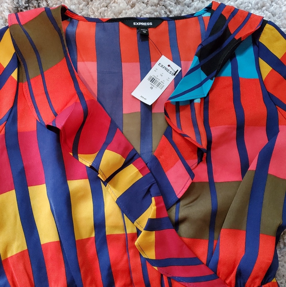 NWT Express Color Block Ruffle Wrap Dress - Picture 3 of 5